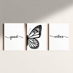 three cards with the words good vibes and a butterfly