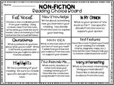 the non - fiction reading choice board is shown in black and white, with text on it