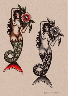 two mermaids with flowers in their hands