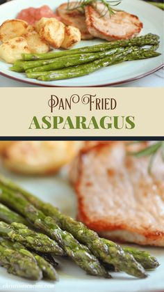 asparagus and grilled meat on a plate with text overlay