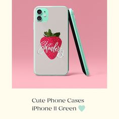 an iphone case with a strawberry on it and the words cutie phone cases in green