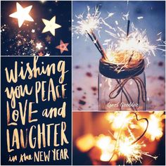 three pictures with sparklers in them and the words wishing you peace love and laughter