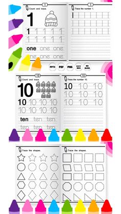 the printable worksheet for learning numbers and shapes with color pencils on it