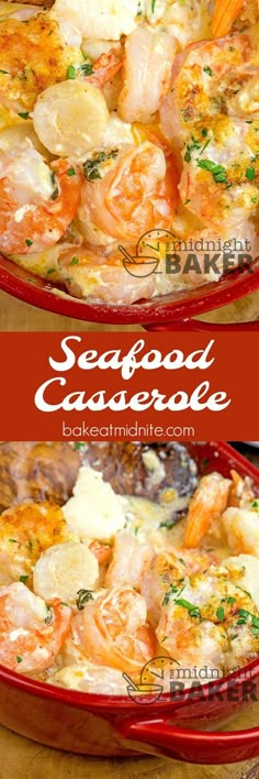 seafood casserole with shrimp and potatoes in a red dish