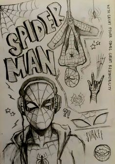 a drawing of a spider man with headphones and various other things in the background