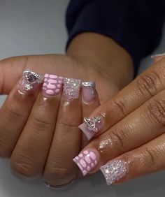 Short Square Gem Nails, Cute Junk Nails, Short Junk Nail Designs, Chrome Nails Ideas, Acrylic Nail Set, Duck Nails