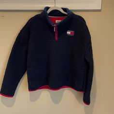 Never Worn!!! Large Hilfiger Tommy Jeans, Red And Navy Blue Crew Neck Fleece!! Tommy Hilfiger Navy Winter Tops, Tommy Hilfiger Vintage 90s, Tommy Hilfiger Denim Jacket, Band Jacket, Black Quarter Zip, Red Windbreaker, Tommy Hilfiger Vintage, Tommy Hilfiger Logo, Womens Windbreaker