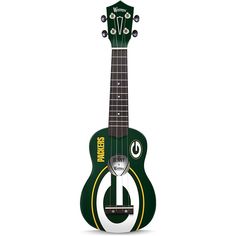 a green and white ukulele with the logo on it