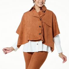 WynneLayers Faux Suede Trench-Style Poncho The best of both worlds. This super-soft poncho/trench hybrid features large, chic buttons, pleated back flap detail and luxurious faux suede. Stylish Buttons, Best Of Both Worlds, Fashion Styles, Easy Wear, Outerwear Jackets, Faux Suede, Gender Female, Unique Pieces, Fashion Clothes Women