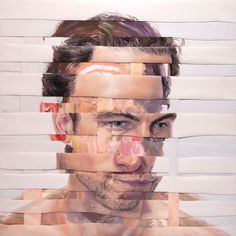 a man's face is made up of multiple strips of paper with the image of him