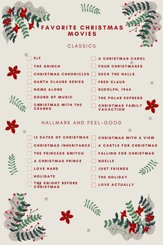 a christmas movie list with holly branches and poinsettis on the top, in red