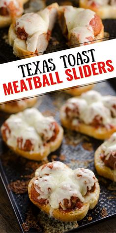 some meatball sliders are sitting on a baking sheet with the text texas toast meatball sliders