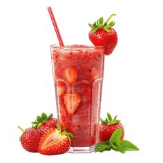 two strawberries sit next to a tall glass of strawberry milkshake on a white background