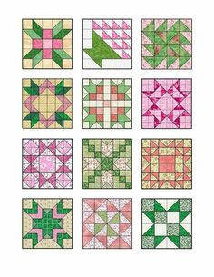 nine quilt squares with different designs on them, each in pink and green colors stock photo