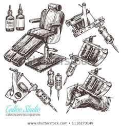 an old fashioned tattooing machine and equipment set hand drawn in ink on white paper