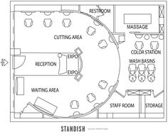 the floor plan for an office with seating and desks, as well as a reception area