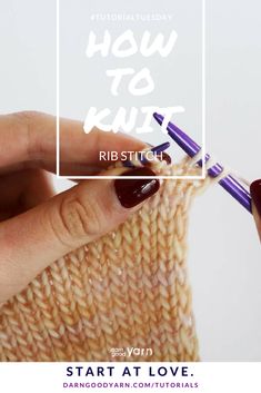 a woman is knitting with the words how to knit written in white over her left hand