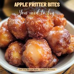 a white plate topped with donuts covered in caramel glaze and text that reads, apple fritter bites you need to try get the recipe now - instant access