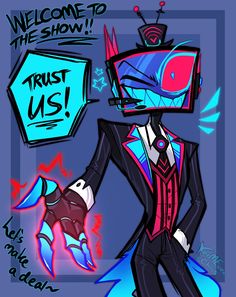 a drawing of a man in a suit and tie with the words trust us on it