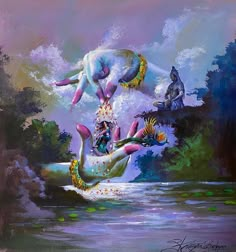 an oil painting of two mermaids on the back of a large white whale in water