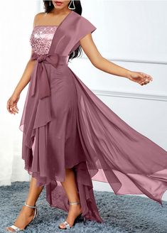 ROTITA Asymmetric Hem Dusty Pink Belted High Low Dress Dresses For Short Women, Pink High Low Dress, Cruise Fashion, Strapless Party Dress, Maxi Dress Wedding Guest, Simple Prom Dress, Pink Cocktail Dress, Outfit Styles, Georgette Dress