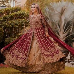 Anarkali With Lehenga, Red Indian Dress, Barat Dresses, Golden Wedding Dress, Lehenga Embroidery, Red Bridal Dress, Anarkali Lehenga, Persian Wedding, Contrast Dress