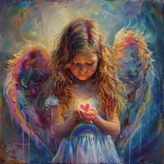 a painting of a girl with angel wings holding a heart and looking down at her hands