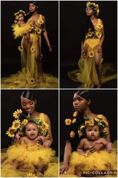 two women in yellow dresses with sunflowers on their heads and one holding a baby