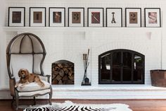 a dog is sitting on a chair in front of a fireplace with pictures above it