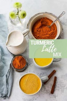 turment latte mix in bowls with spoons and spices on the side