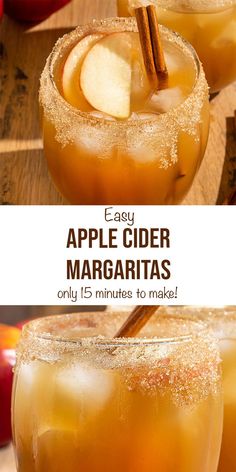 two glasses filled with apple cider margaritas on top of a wooden cutting board