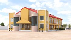 an artist's rendering of a two story building with red roof and yellow walls