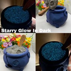 four different pictures show how to make a starry glow in the dark pot