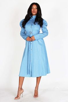 Puff Sleeve Denim Midi Dress Dress Colors, Denim Midi Dress, Button Down, Button Down Dress, Light Denim, Dark Denim, Puff Sleeve, 1 Piece, Colorful Dresses