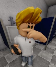 a cartoon character is pointing at something in the bathroom with his hand on his hip