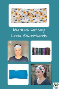 three different types of headbands with the words bamboo jersey lined sweatbands