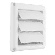 a white wall mounted exhaust fan with three blades on the side and two blinders at the top