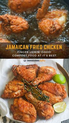 jamaican fried chicken in a skillet with lemon and rosemary garnish