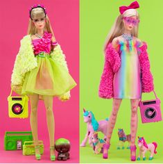 two barbie dolls with different outfits and accessories in front of green and pink backdrops