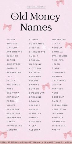 an old money names poster with pink bows