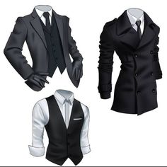 three different styles of men's suits and vests, all in black with white shirt and tie