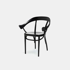 a black chair on a white background with the seat up and one arm bent back