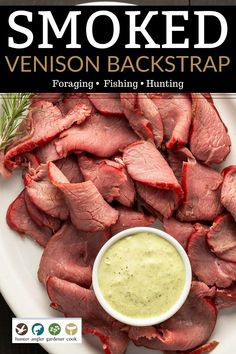 the cover of smoked venison backstrap is shown on a white plate