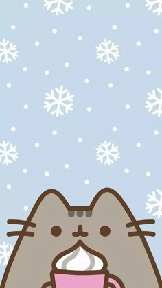 a cat with a cup of coffee in it's mouth and snowflakes on the background