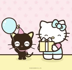 a hello kitty holding a gift box with a balloon in it's hand and another cat standing next to it