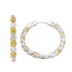 Make a statement with these eye-catching Crossing hoop earrings, perfect for all occasions. These hoop earrings feature a single row of round cut natural yellow sapphires alternating with created white sapphires set in 925 sterling silver. These hoops are crafted of sparkling gemstones going down the outer and the inner face of the hoops to sparkle and shine from every angle. The side profile showcases a trellis Crossing setting, creating a unique and sexy look! These hoops are secured with a le Yellow Round Earrings With Prong Setting, Yellow Round Cubic Zirconia Earrings, White Hoop Earrings With Halo Detail, Yellow Hoop Earrings, White Sapphire Earrings, Levian Jewelry, Gemstone Brooch, Cubic Zirconia Bracelet, Cubic Zirconia Necklace