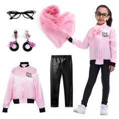 PRICES MAY VARY. Cotton,Polyester,Satin Zipper closure Hand Wash Only Diy 50s Costume Kids, Kids 50s Costume, Sandy Grease Costume, 50s Costumes, Sock Hop Outfits, 1950s Sock Hop, Pink Lady Costume, Grease Theme, Grease Costume