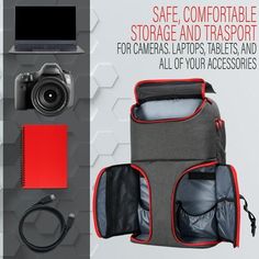 the contents of a camera, laptop and other items are shown in this advert