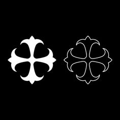 two black and white clovers on a black background, one with four leaf shapes