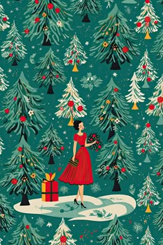 a woman in a red dress holding a christmas tree